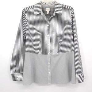 Chico's Button Down Shirt Women M Gray‎ White Striped No-Iron Cotton Blouse